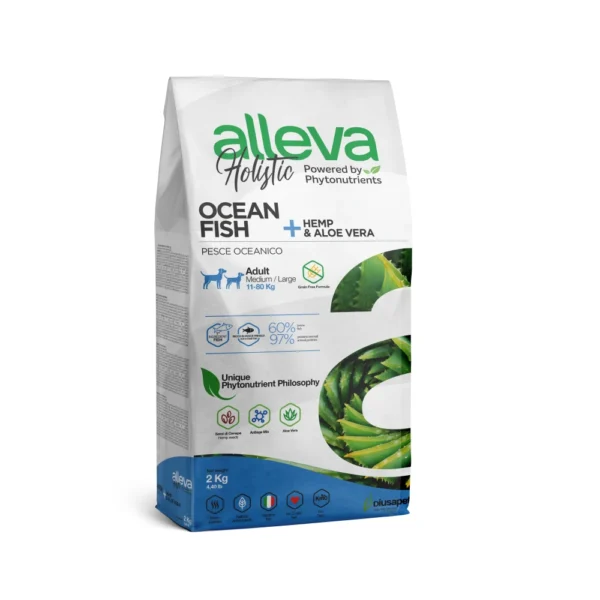 Croquettes sans céréales Alleva Holistic Poisson + Chanvre & Aloe Vera chien adulte medium/maxi 2kg