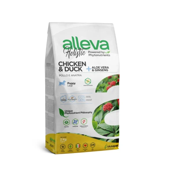 Croquettes sans céréales Alleva Holistic Poulet & Canard + Aloe Vera & Ginseng chiot maxi 2kg